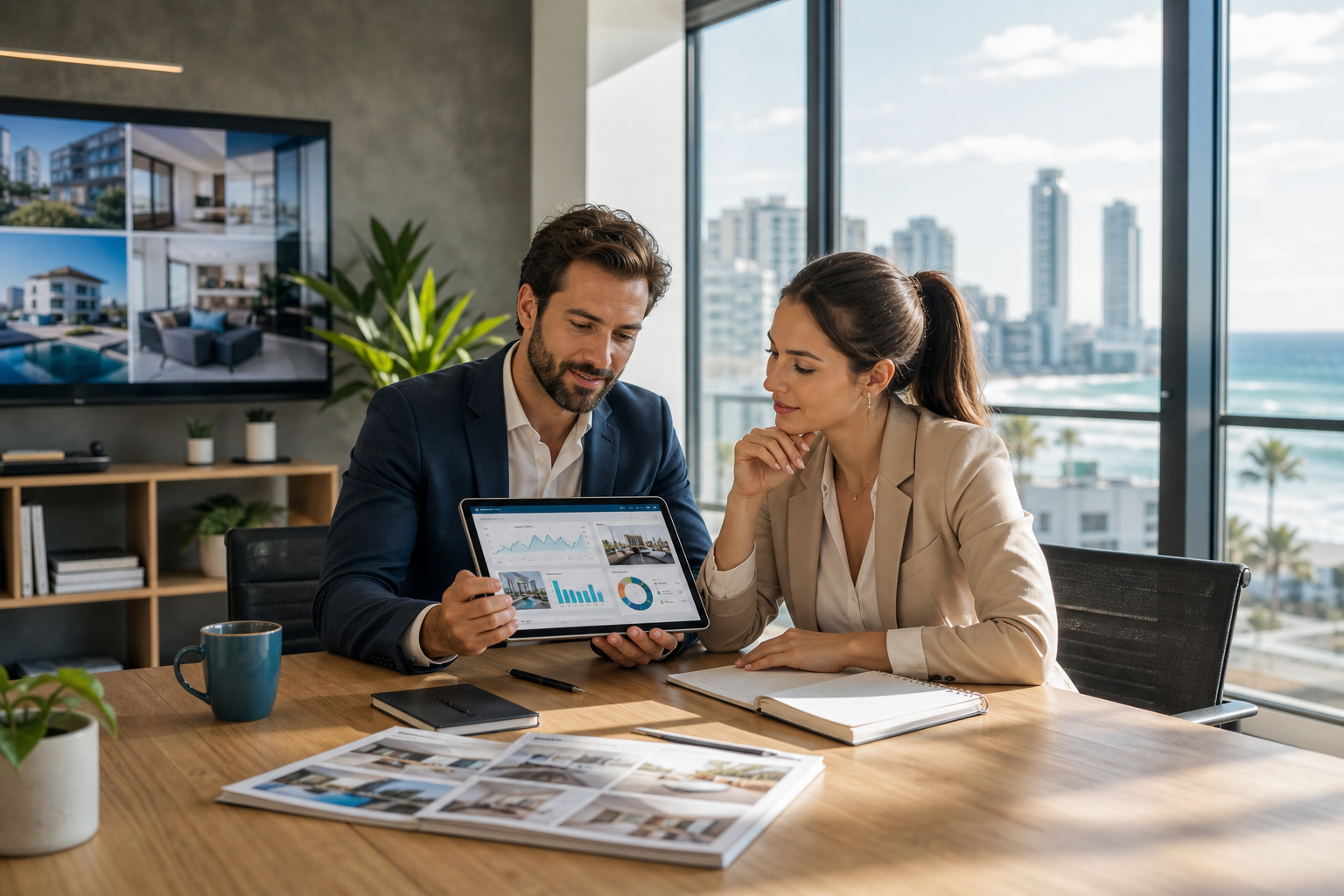 Equipo inmobiliario analizando propiedades y resultados en habitarg